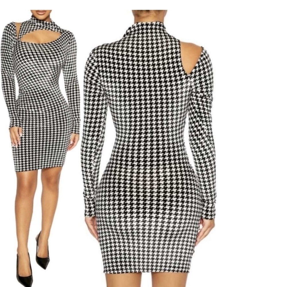 Naked Wardrobe Houndstooth Long Sleeve Dress Off Shoulder | NWT 🔖